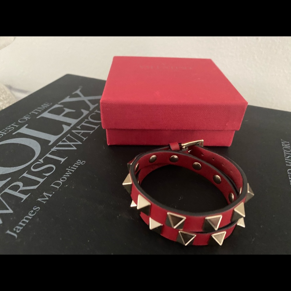 Valentino Studded Red Leather Double Wrap Braclet